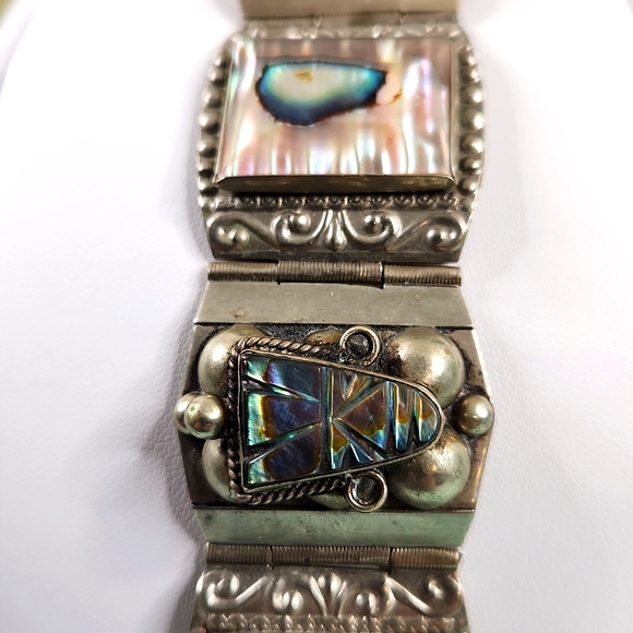 Vintage Taxco Mexico Sterling Panel Bracelet Abalone Mother of Pearl MOP - Picture 2 of 12